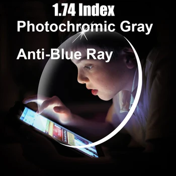 1.74 Photochromic-Pilkos spalvos Lęšiai su Anti-blue Ray Apsaugos Optinis Receptą, Akinių Lęšiai, Anti-reflective ir Anti-glare