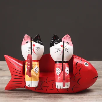 1 Set Kūrybos Mediniai Ornamentu Animacinių filmų Porą Žvejybos Katė Amatų Mini 