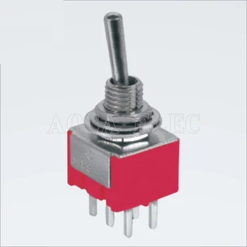 100VNT MTS-202R-A2 DPDT, raudonai-ANT PCB terminalų latching 6 pin perjungimo jungiklis