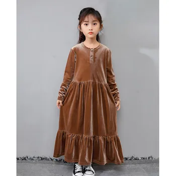 12 iki 14 metų didelis paauglys merginos aksomo maxi ilga suknelė vaikus mergina mados rudenį, žiemą susegamas veliūras blyksnius atsitiktinis suknelė