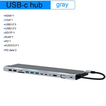 14 1 USB Tipo C Hub Nešiojamojo kompiuterio USB C Hub HDMI, VGA, RJ45 Multi-Card Reader 5Gbps Didelės Spartos Duomenų Perdavimo Splitter