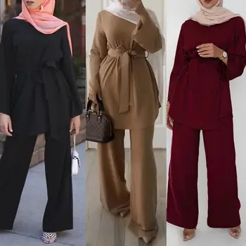 2 dalių Rinkinys Moterims Musulmonų Rinkiniai Suknelė, Hijab turkijos Viršaus ir Kelnės Islamo Drabužių Abaja Dubajus Kostiumas Eid Mubarakas Musulman Ansambliai