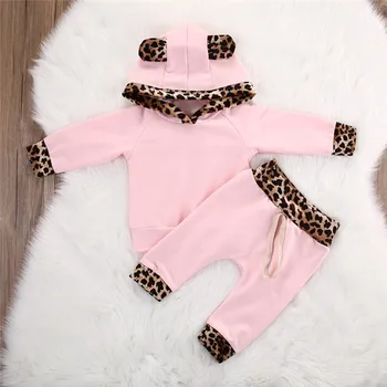 2018 2vnt kombinezonas baby girl drabužių rinkiniai Naujagimiui Mergaitėms, Rausvos spalvos, ilgomis Rankovėmis, leopardas Hoodie Palaidinukė+Kelnės Komplektai Rinkinys