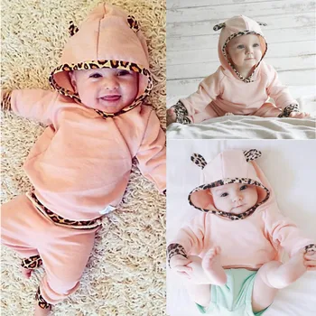 2018 2vnt kombinezonas baby girl drabužių rinkiniai Naujagimiui Mergaitėms, Rausvos spalvos, ilgomis Rankovėmis, leopardas Hoodie Palaidinukė+Kelnės Komplektai Rinkinys