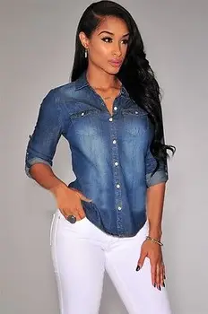2018 M. Rudenį Džinsinio Marškinėliai Moterims Long Sleeve Blue Jeans Marškinėliai Moterims Blusas Camisa Femininas Mados Plius Dydis Džinsai, Palaidinės