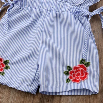 2018 Mados Mielas Pyplys Vaikams Baby Girl Gėlių Dryžuotas Pynimas Romper Siuvinėjimo Gėlių Vasarą Blue Lace-up Jumpsuit Drabužiai