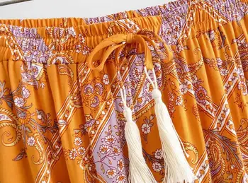 2019 Bohemijos Oranžinės spalvos Gėlių Spausdinti Ilgas Sijonas BOHO Atostogų Moterų Susiuvimo plisuotos Jungiamąją iki Upelio Juosmens Grindų ilgio Sijonai