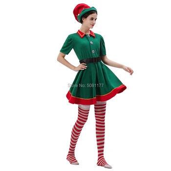 2019 Kalėdų Elf Kostiumas Moterims Santa Elf Suknelė 4-Piece Set Cosplay Kostiumai