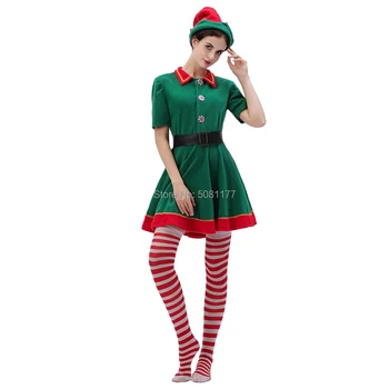 2019 Kalėdų Elf Kostiumas Moterims Santa Elf Suknelė 4-Piece Set Cosplay Kostiumai