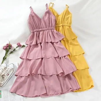 2019 m. Vasarą Naujų Moterų Šifono Suknelės Aukštos Elastinga Juosmens Derliaus Diržas Mini Suknelė-line Slim 4 Sluoksnių Pyragas Suknelė Vestidos R185
