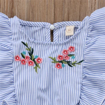2019 Mados Mielas Pyplys Vaikams Baby Girl Gėlių Dryžuotas Pynimas Romper Siuvinėjimo Gėlių Vasarą Blue Lace-up Jumpsuit darbo drabužiai