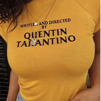 2019 Mados Quentin Tarantino Seksualus Apkarpyti Viršūnes Moterų Laiškas Spausdinti Trumpas Rankovės Medvilnės Geltona Trumpas, T-marškinėliai, Ponios Atsitiktinis Viršūnes Tee