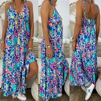 2019 Moterų Boho Gėlių Maxi Suknelė Šalis Strappy Spageti Dirželis Vasaros Paplūdimys Atostogų Diržas Sundress Plius Dydis Suknelės S-5XL