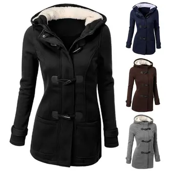 2019 Plius Dydis Žiemos Mados Moterų vientisos Spalvos Ragų Sagtis Gobtuvu ilgomis Rankovėmis Kailis Rudens ir žiemos paltai moteris paltas