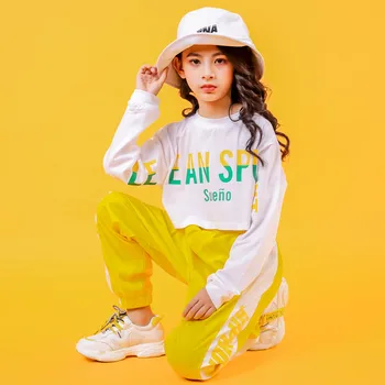 2019 Vaikų Džiazo Šokio Kostiumai Mergaitėms Hip-Hop Dėvėti Balta sweatershirt Geltonos Kelnės Gatvės Šokio Spektaklis Clothings