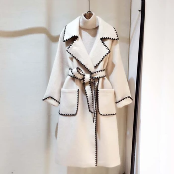 2019 Žiemos vilnoniai paltai Moterims, vidutinio ilgio korėjos stiliaus naujas dvieiliai prarasti sutirštės ilgomis rankovėmis vilnoniai paltai moterims