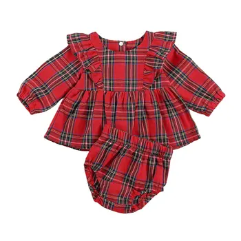 2020 0-24M Kalėdos Kūdikiui Baby Girl Drabužiai Gražus Pledas Spausdinti Pynimas Long Sleeve Top Suknelė+Trikampio Šortai 2vnt Komplektas Komplektai