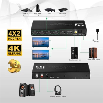 2020 Geriausias 4K@60Hz 2.0 HDMI Jungiklis Nuotolinio 4x2 HDMI Switcher Audio Extractor Su LANKU & IR Įjunkite HDMI 2.0 PS4 Apple TV HDTV