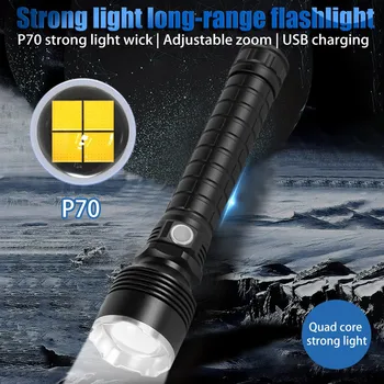 2020 Juoda Stipri Šviesa Ilgo Nuotolio Teleskopinis Žibintuvėlis Zoom USB Įkraunamas LED Apšvietimas Žibintuvėlis Lampe Torche Led