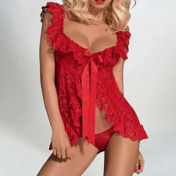 2020 Karšto Moterų Sexy Nėrinių Pižamą + G-String Seksualus moteriškas apatinis Trikotažas, naktiniai drabužiai Suknelė Babydoll Erotiniai Kostiumai Plius Dydis M-5XL
