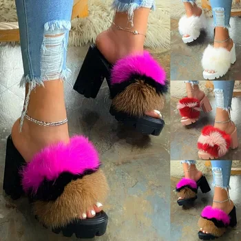2020 m. Moteris Furry Sandalai Ponios Batai Mielas Pliušinis Purus Sandalai storio apačioje Kailio Lauko Šlepetes Šiltas Karšto Homewear