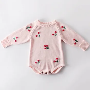 2020 m. Pavasarį Baby Girl mezgimo Rompers ilgomis Rankovėmis Vilnos Megzti Vyšnių Rompers Bamblys Rudens Drabužių Kūdikiams Trikampis Jumpsuit