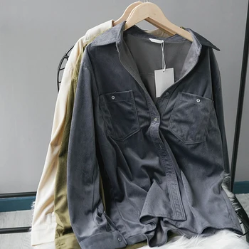 2020 m. Pavasarį Palaidinė Moterims Velvetas ilgomis Rankovėmis Marškinėliai Elegantiškas Atvartas Ponios Kišenės Palaidinės, Laisvalaikio drabužiai