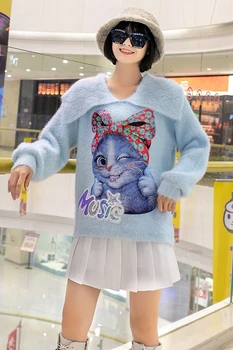 2020 m. rudens ir žiemos prarasti retro lėlė apykaklės sunkiosios pramonės katė blizgučiais megztinis tingus stiliaus minkšti pieno megztinis kailis tendencija