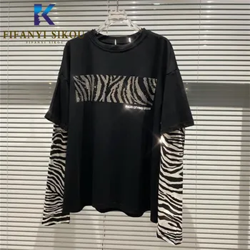 2020 m. Rudenį Moterys Medvilnės Marškinėlius Deimantų Leopardas Spausdinti Spliced Long Sleeve T-shirt Moterų Mados O-Kaklo Laisvi marškinėliai Topai