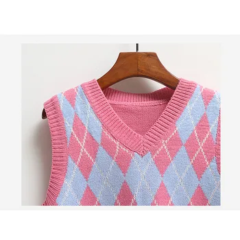 2020 m. rudenį, žiemą korėjos derliaus argyle V-kaklo, megztiniai liemenės, moterų topai prarasti trumpų rankovių megztinis (puloveris) studentams