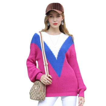 2020 m. Rudenį, Žiemą Moteris Megztinis Geometrinis kontrastą, O kaklo megztinis vidutinio ilgio megztinis ilgomis rankovėmis viršuje Negabaritinių Megzti Megztiniai