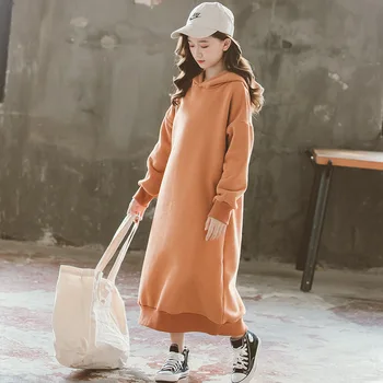 2020 M. Rudenį, Žiemą Paauglių Mergaičių Ilgai Stiliaus Suknelė Su Gobtuvu Korėjos Vaikų Medvilnės Drabužius Vaikams Mergaitėms Atsitiktinis Suknelės Tirštėti, #9175