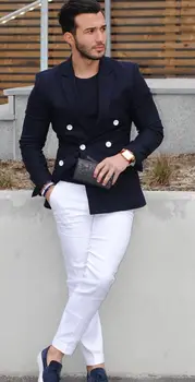 2020 m., Tamsiai Mėlynos Dvigubo Breasted Vyrų Kostiumą, Laisvalaikio Švarkas kostiumas homme Smokingas Custom Stiliaus Striukė vyrams Kostiumu 2vnt(striukė+baltos kelnės)