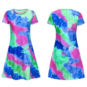 2020 Moterų Plius Dydis-trumpomis Rankovėmis, Sūpynės T-Shirt Dress Neon Vaivorykštė tie Dažai Sundress Vasaros Suknelė S-5XL