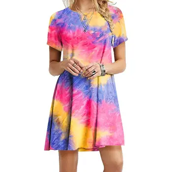 2020 Moterų Plius Dydis-trumpomis Rankovėmis, Sūpynės T-Shirt Dress Neon Vaivorykštė tie Dažai Sundress Vasaros Suknelė S-5XL
