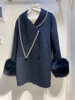 2020 Naujo Tako projektavimo Pearl Apykaklės Dvigubo Breasted Ilgos Tranšėjos Paltai Moterims, Elegantiškas Lapės Kailinių Rankoves Atsitiktinis viršutinių drabužių siuvimas