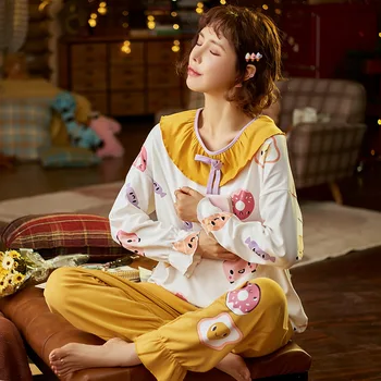 2020 NAUJŲ Rudens Pižama Nustatyti Moterų Patogus Medvilnės Mielas Animacinių filmų ilgomis Rankovėmis Kelnės Ponios Pj Nustatyti Laisvalaikio Homewear Sleepwear