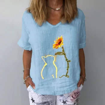 2020 Plius Dydis Moterų Tshirts Vasaros Medvilnės Marškinėliai Daisy Gėlių V Neck T Shirt Grafikos Spausdinimo Pagrindinio Tees Harajuku Moterų Topai