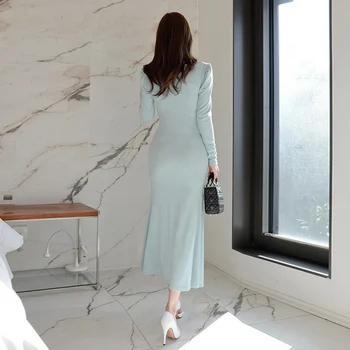 2020 V-kaklo Mėlynas Vestidos Ponios Sexy Slidinėti Slim Bodycon Maxi Ilgas Moterų Suknelė
