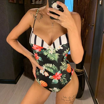 2021 Sexy Push Up Pynimas vientisi maudymosi kostiumėlį, maudymosi Kostiumėliai Moterims Spausdinti Citrinų Gėlių Maudymosi Kostiumas, Paplūdimio Bodysuit Bikini Mujer XL