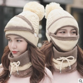 2021 Skrybėlę žiemos moterų Kaukė Kepurės Mergaitėms Šalikas Storas Šiltas Vilnos Viduje Megzti Skrybėlę ir Skara Nustatyti 3pcs Žiemos Jojimo Mados Kepurės