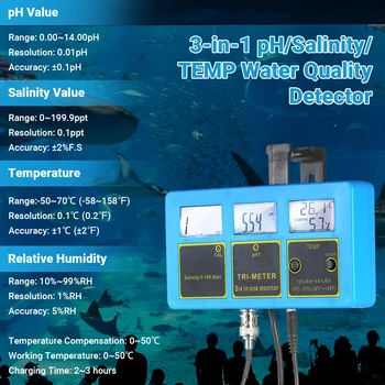 240V Vandens Kokybę, Stebėti 3-in-1 PH/Druskingumą/TEMP Matuoklis Įkrovimo Vandens Kokybės Testeris Detektorius PH & Druskingumas Stebėti