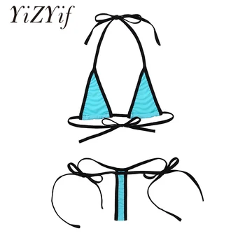 2vnt Moterų Laukinių Stiliaus Minimalus Padengti Micro Bikini maudymosi kostiumėlį Nustatyti Apynasrio Kaklo Savarankiškai kaklaraištis Bra Top su G-String Kelnaičių Apatiniai