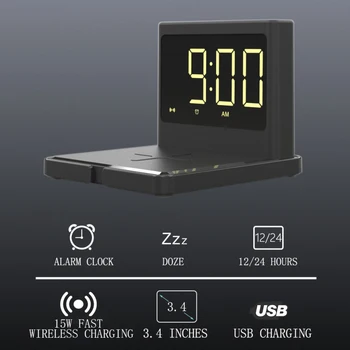 3 1. Skaitmeninis LED Elektros Laikrodis-Žadintuvas Su Telefono Belaidžio Kroviklio Greito Įkrovimo darbastalis 
