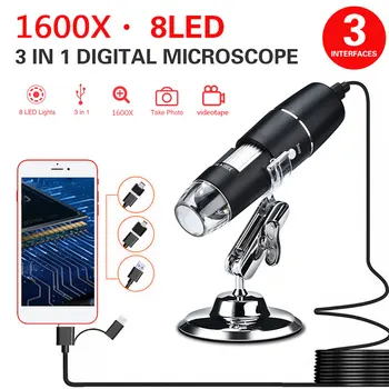 3 In 1 Naujas Nešiojamas HD 1600X 2MP Zoom Mikroskopu 8 LED 