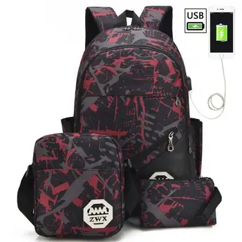 3pcs/set USB Vyrų kuprinės vidurinės mokyklos krepšiai moterų 2019 m. berniukai vienos pečių didelis studentų kelionės krepšys vyrų mokyklos kuprinė mochila