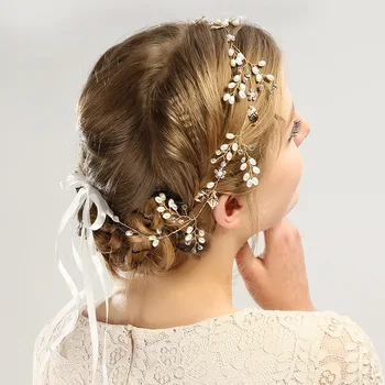 4 Vnt/Set Derliaus Kaspinai Crystal Pearl Vestuvių Moterų Plaukų Aksesuarų, Aukso Spalvos Hairbands Už Nuotaka Hairbands Plaukų Papuošalai