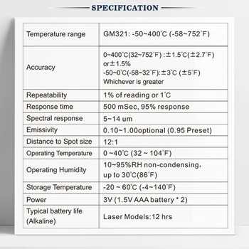 -50~400℃ GM321 Infraraudonųjų spindulių Termometras Ne-Susisiekite su ir SPINDULIŲ Lazerinis Pyrometer Temperatūros Termometras LCD Ekranas