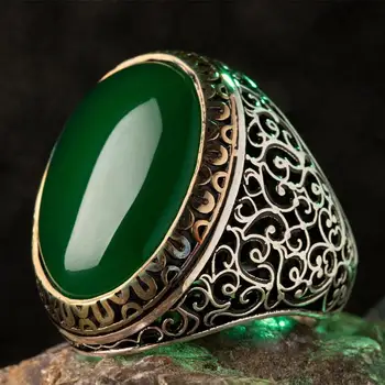 925 Sterlingas Sidabro Simetriškus Mens Žiedas su Žalia Agato Akmuo Mados turkijos, aukščiausios Kokybės, Rankų darbo Jawelery