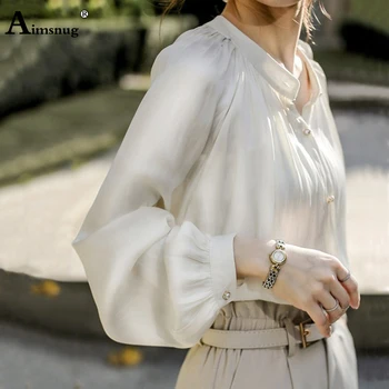 Aimsnug Dėmių Šilko Moterų Top 2020 Metų Vasaros Baltos spalvos Elegantiškas vientisos Spalvos Palaidinė Rudenį ilgomis Rankovėmis feminina blusas marškinėliai ropa mujer
